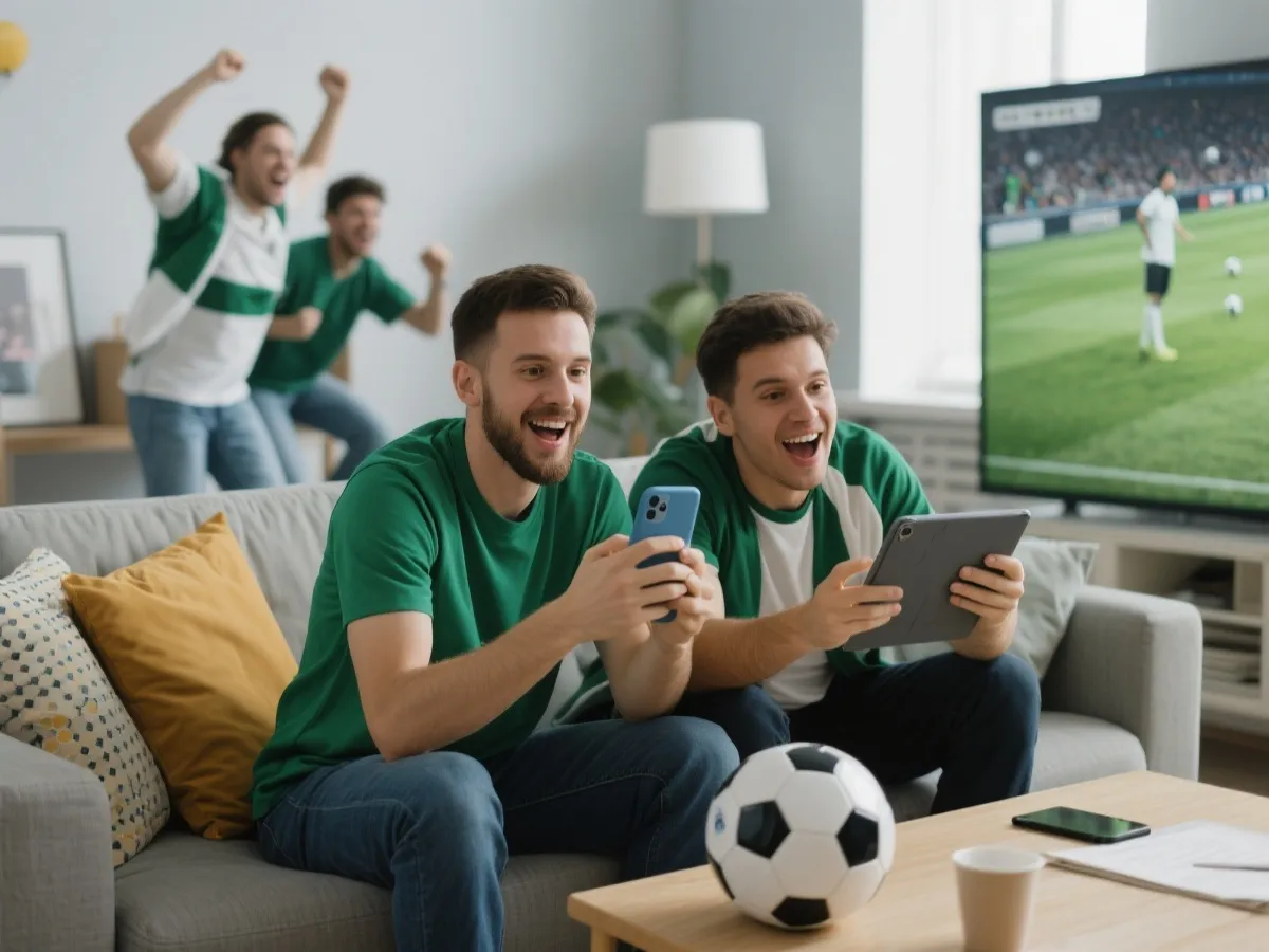 球迷通过移动设备观看比赛