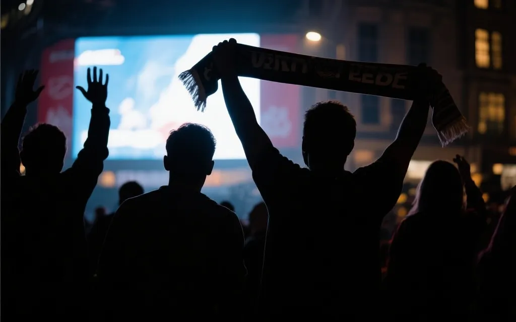 夜晚街头观赛的人群剪影，举起旗帜与围巾，灯光与屏幕反射在脸上